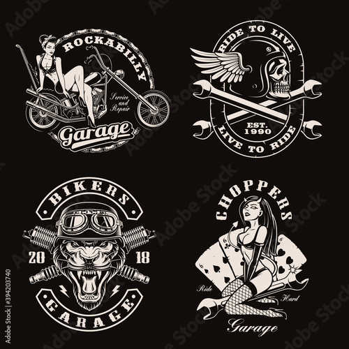 A set of vintage biker illustrations for logo templates or shirt prints on dark background