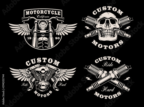 Leinwand Poster A set of black and white motorcycle emblems on dark background
