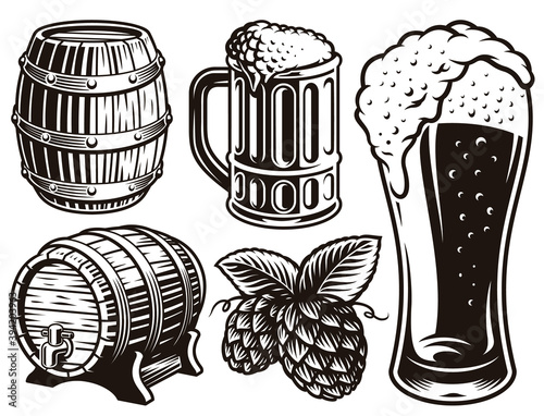 black and white vector illustrations for beer theme isolated on white background