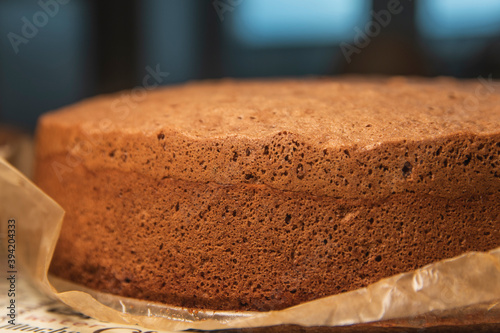 freshly made chocolate sponge cake. bubble structure of the dough. small holes from air bubbles. cakes and pastries. homemade cakes