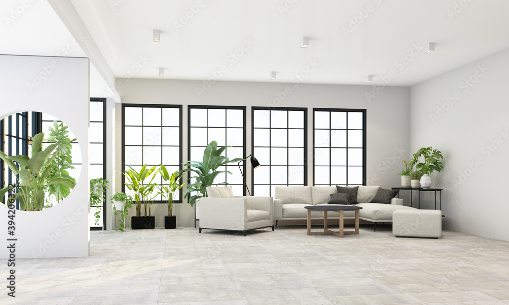 Interior concept of memphis design, grey fabric Armchair and sofa set surrounding by green plant on black frame window and sunlight 3d rendering Interior concept of memphis design, grey fabric Armchair and sofa set surrounding by green plant on black frame window and sunlight 3d rendering
