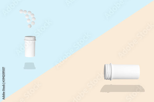 Group of tablets and plastic bottle on blue and champagne background, 3D