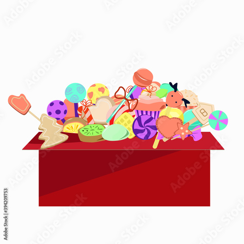 Red box with different candies and sweets