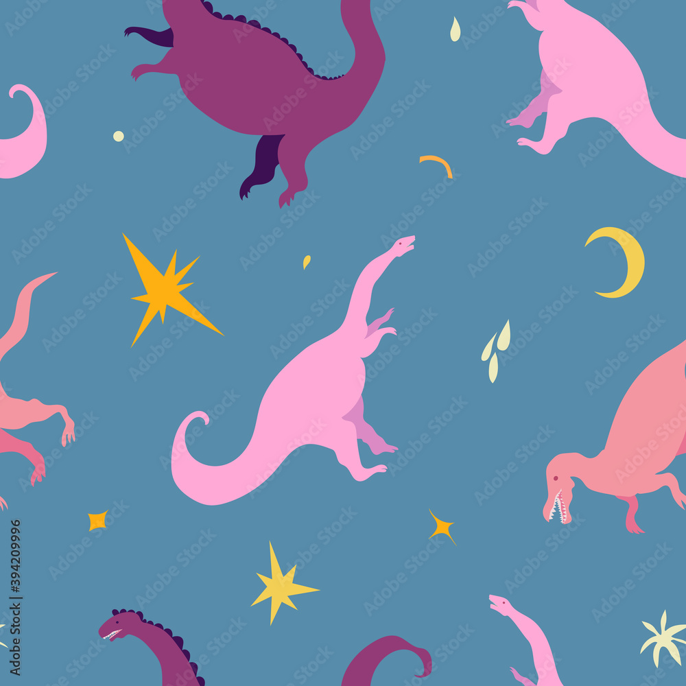 Cute vector seamless pattern with colorful dinosaurs, moons and stars on dusky blue background. Cool dinos, for kids, kawaii reptiles with stars, velociraptor, brontosaurus