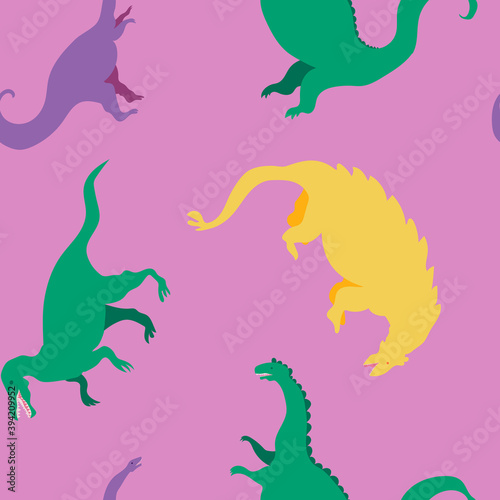 Cute vector seamless pattern with colorful dinosaurs and bananas on pink background. Cool dinos  for kids  kawaii reptiles with fruits  velociraptor  brontosaurus.