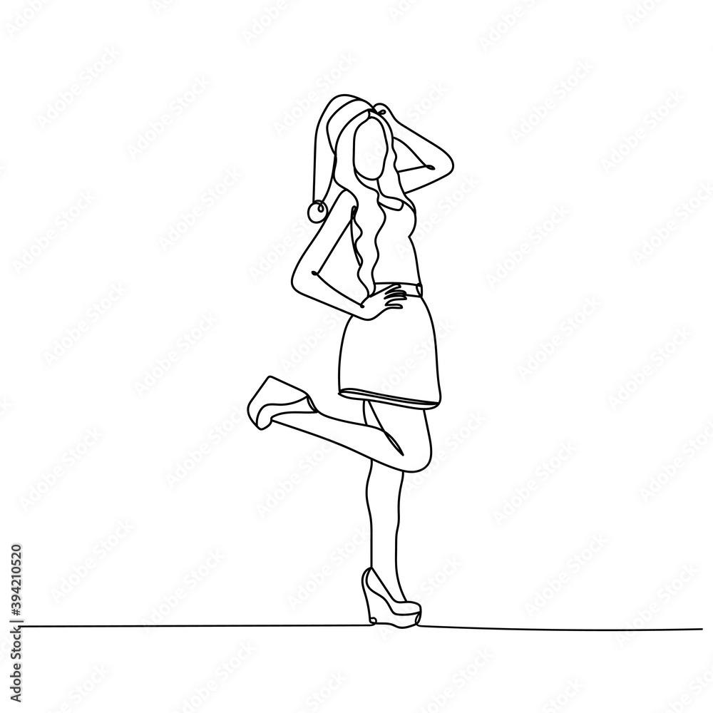 Beautiful woman with Santa Claus hat. One line drawing. Vector illustration continuous line drawing. Christmas style Beautiful woman with Santa Claus hat. One line drawing. Vector illustration continuous line drawing. Christmas style
