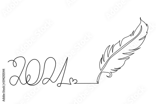 Bird feather concept with lettering 2021 . Christmas greeting card. One line drawing. Vector illustration continuous line drawing. China New Year