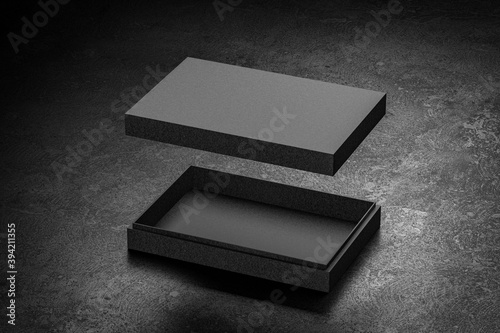 black craft cardboard Gift Box Mockup for branding and identity - open flat lay isolated on dark surface background