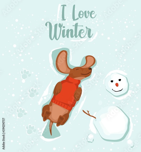 Happy dachshund dog lies in the snow, top view. I love winter, winter lettering. Christmas card for invitations, congratulations. Cute christmas characters for holiday decoration