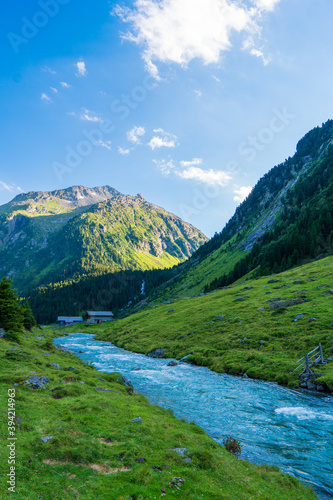Gorgeous nature of the krimml Valley in summer. It is a valley of the austrian Alps, of Dreiherrnspitze on glacier obersulzbachkees, Hohe Tauern Austrian Alps, Europe