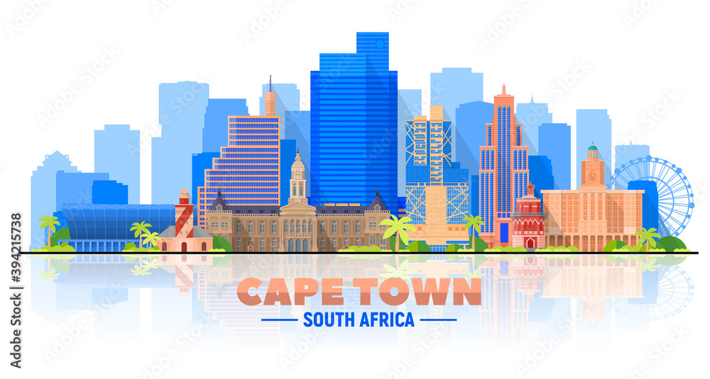 Cape Town skyline with panorama in white background. Vector Illustration. Business travel and tourism concept with modern buildings. Image for presentation, banner, web site.