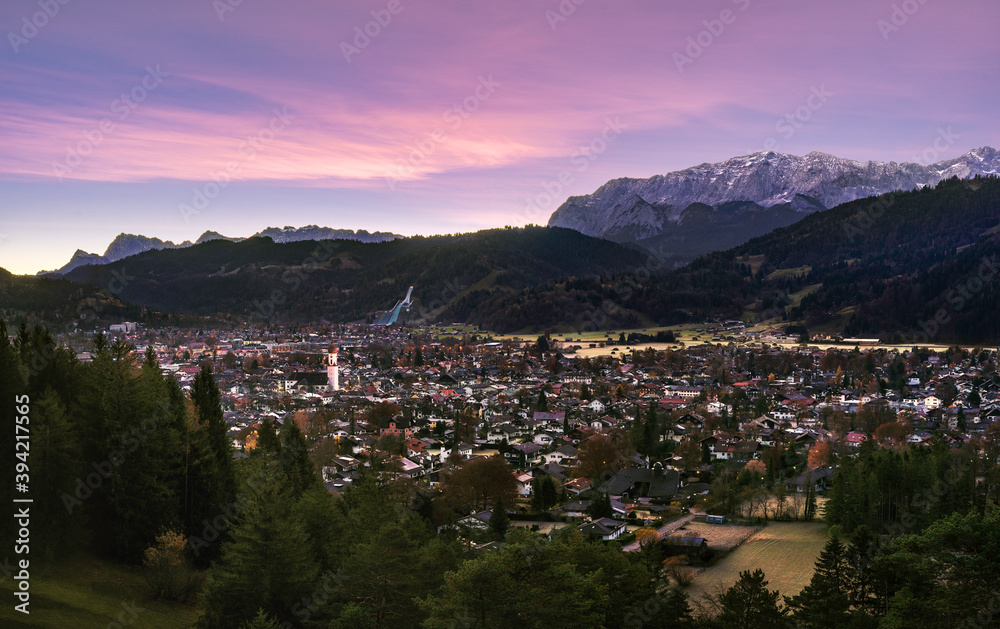 Panorama of beautiful sunrise over Garmisch-Partenkirchen
