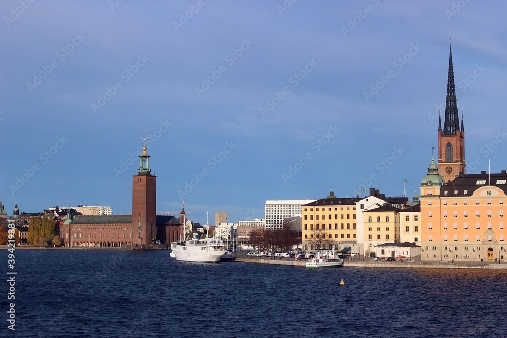 Looking towards City Hall and Riddarholmen Church, Stockholm.