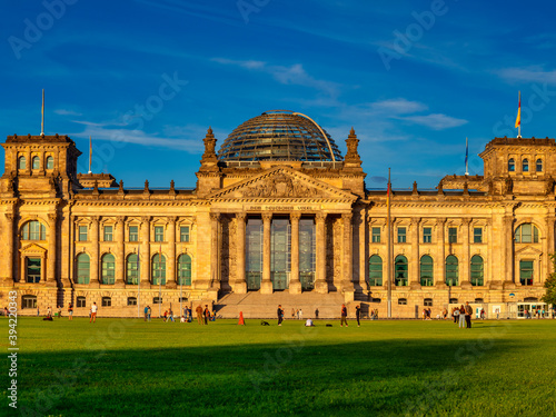 Berlin, Germany - July 26, 2020 - The famous Reichstag building, seat of the German Bundestag, and the "Platz der Republik" (Republic Square)