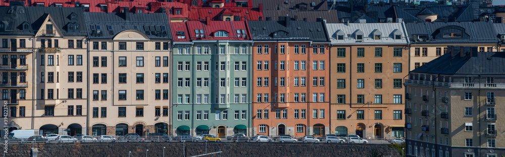 Obraz premium Color full facades of houses in the district Vasa Stan a sunny morning in Stockholm