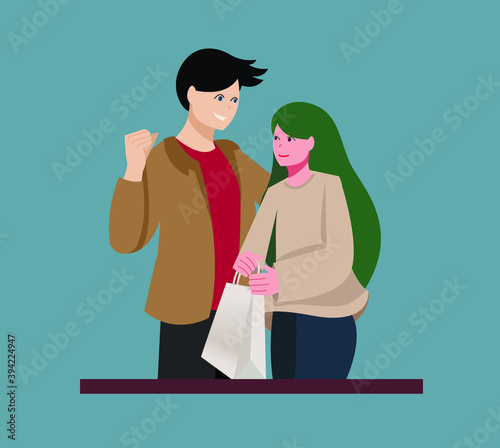 Vector illustration of people shopping.
A modern young couple are happy that they made purchases together.