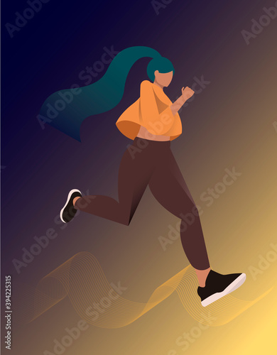 Vector illustration of a sportive girl running to high achievements. A woman in sports uniform confidently runs forward along the golden path.