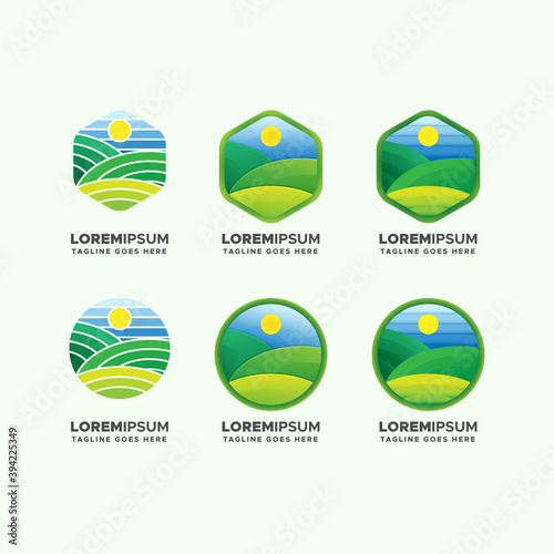 green farm field landscape scenery logo set