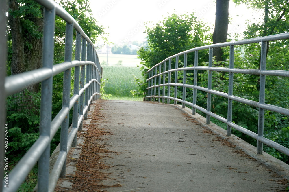 A narrow bridge with metal railings on both sides surrounded by lush green vegetation diminishing in the perspective of a sun flooded land. A photo with copy space and potentially symbolic meaning. A narrow bridge with metal railings on both sides surrounded by lush green vegetation diminishing in the perspective of a sun flooded land. A photo with copy space and potentially symbolic meaning.