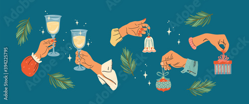Christmas and Happy New Year illustration. Set of male and female hands. Vector design template.