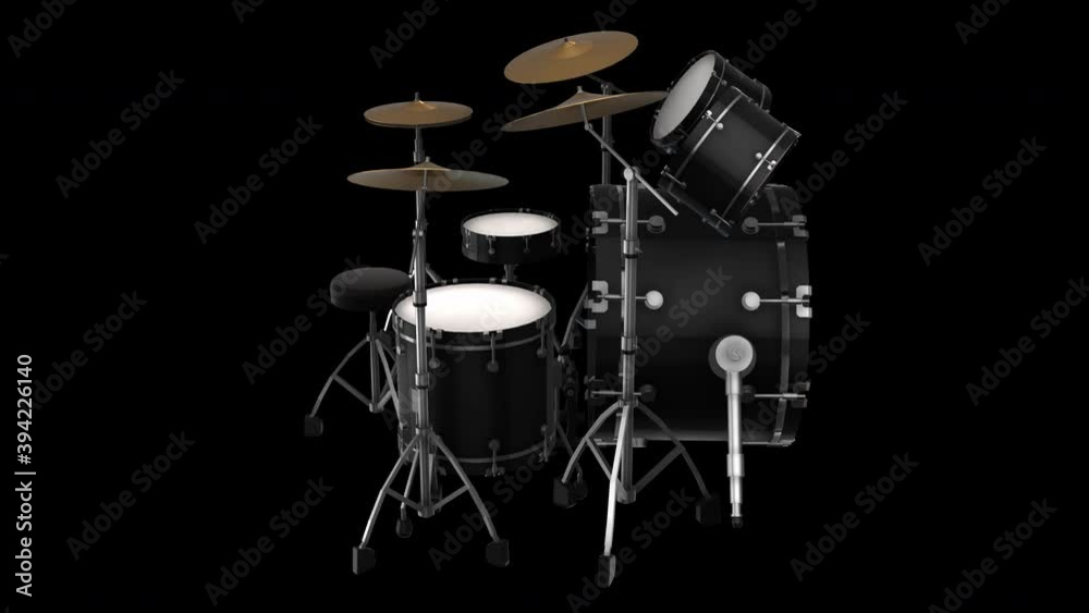 3d model of drum set rotating on alpha channel background in seamless loop. 3d model of drum set rotating on alpha channel background in seamless loop.
