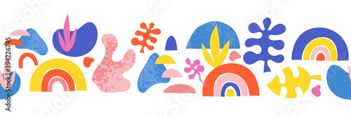 Abstract organic cut out shapes seamless vector border. Seamless horizontal pattern Hand paper cutting matisse style collage illustration. Trendy kid fashion edge stripe trim. Banner, footer, divider.