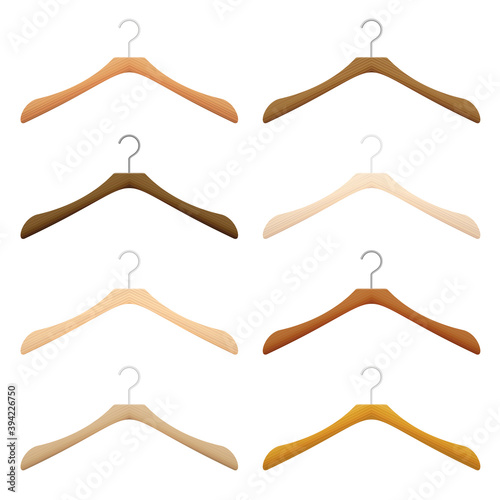 Clothes hanger, wooden coathanger set, various woods and textures. Isolated vector illustration on white background.
