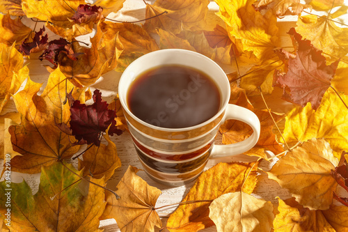 Large mug of hot steaming coffee among bright yellow and red autumn leaves in the sunlight. Cup with hot beverage for cozy fall mood concept.