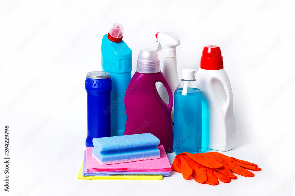 Cleaning set with tools and products, on a white background, horizontal, no people, Cleaning set with tools and products, on a white background, horizontal, no people,