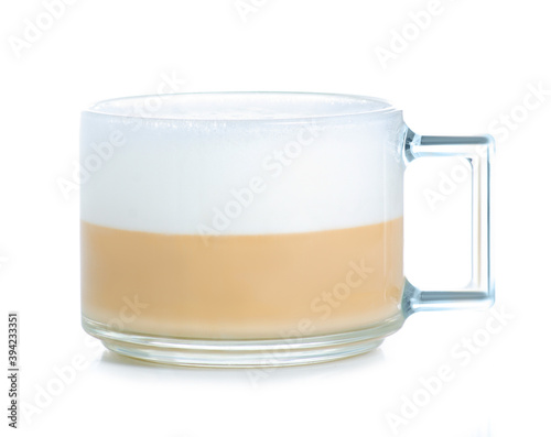 Glass cup of latte cappuccino coffee on white background isolation