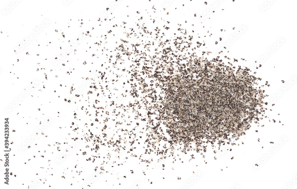 Minced poppy seeds, ground pile isolated on white background and texture, top view Minced poppy seeds, ground pile isolated on white background and texture, top view