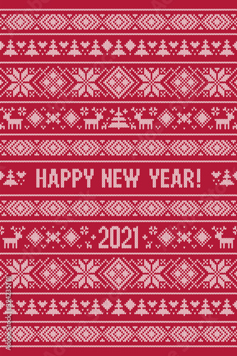 Happy New Year 2021 knitted pattern. Scandinavian style with deer, snowflakes, fir. Design for sweater, wallpaper, greeting card. Knitting effect background. Red and white colors. Vertical orientation