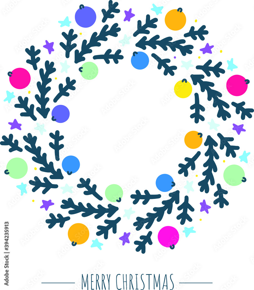 Merry Christmas wreath white background. Green pine branches and multi-colored balls. Vector illustration. Nature design greeting card template. Winter vacation. Christmas, stars Merry Christmas wreath white background. Green pine branches and multi-colored balls. Vector illustration. Nature design greeting card template. Winter vacation. Christmas, stars