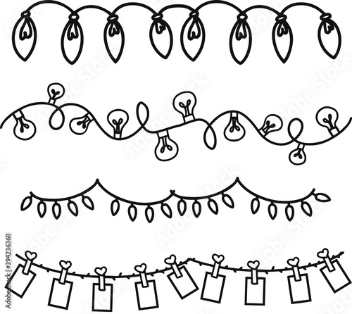 Garlands drawing set for Christmas on a white background with black contour Christmas elements. Beautiful pattern for luxury gift wrapping paper, t-shirt, greeting cards 2021