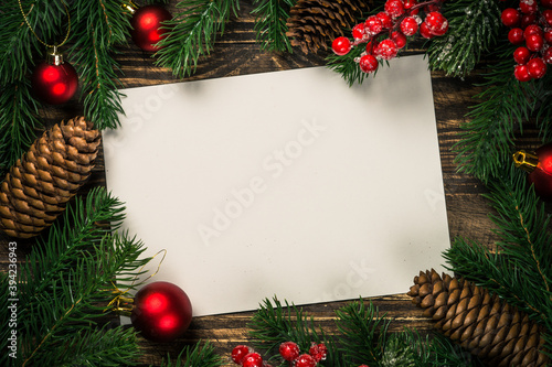 Christmas flat lay background with present and decorations.