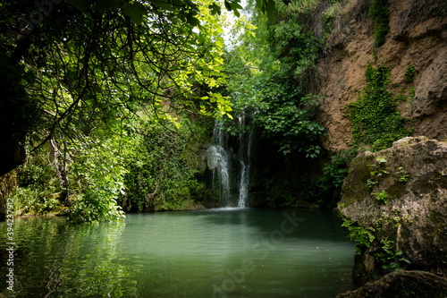 Waterfall in the jungle  a relaxing scenery in the south of Spain  San Nicol  s del Puerto  Sevilla  Andalusia 