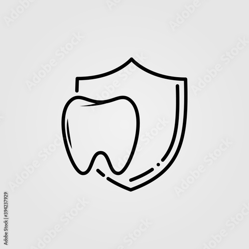 A medical dental illustration of a tooth being protected by a shield icon. Protected tooth, oral health symbol.