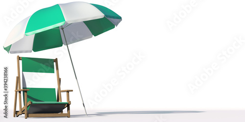 Isolated beach chair with flag of Nigeria and big umbrella, travel or vacation concepts. 3d rendering