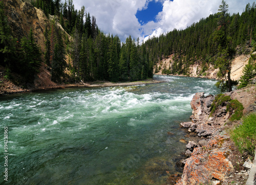 View To Yellowstone River From The Brink of Lower Falls Viewpoint On A Sunny Summer Day With A Clear Blue Sky And A Few Clouds