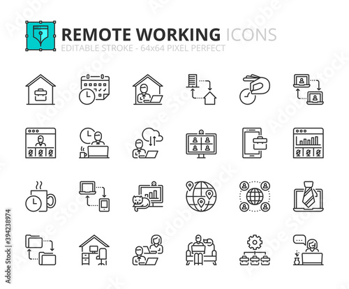 Simple set of outline icons about remote working. Business concepts