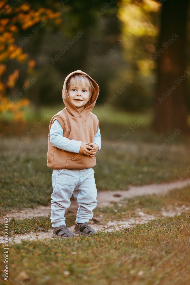 a boy in a brown vest with a hood walks through the autumn forest a boy in a brown vest with a hood walks through the autumn forest