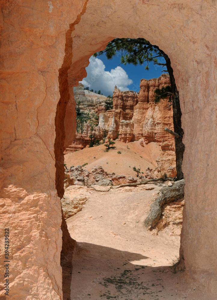 View Through An Rock Arch On The Pekaboo Loop Trail At Bryce Canyon National Park On A Sunny Summer Day With A Clear Blue Sky And A Few Clouds