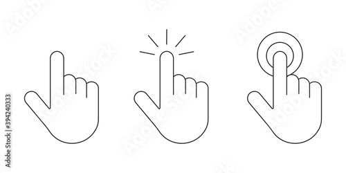 Hand click pointer icons set. Clicking pointing hand vector symbols in outline style