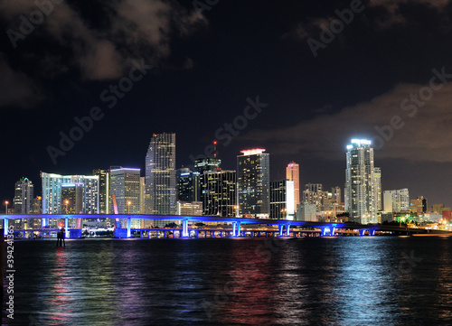 View To The Skyline Of Miami From Watson Island At Night On An Autumn Evening With A Clear Blue Sky And A Few Clouds © Joerg