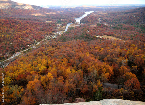View To Red Colored Trees At Lake Lure And Broad River During Indian Summer From Chimney Rock North Carolina On A Cloudy Autumn Day