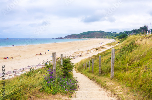 Erquy  Cotes-d-Armor  France - 25 August  2019  Atlantic coast with Beach and cape of Erquy  English channel  Bretagne in northern France