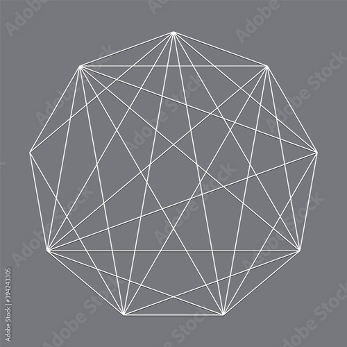 Geometric nine angles, nonagon polygon with diagonal angles drawn. Geometry vector design shape, element