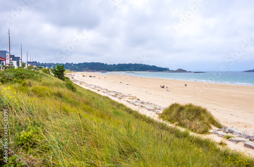 Erquy  Cotes-d-Armor  France - 25 August  2019  Atlantic coast with Beach and cape of Erquy  English channel  Bretagne in northern France