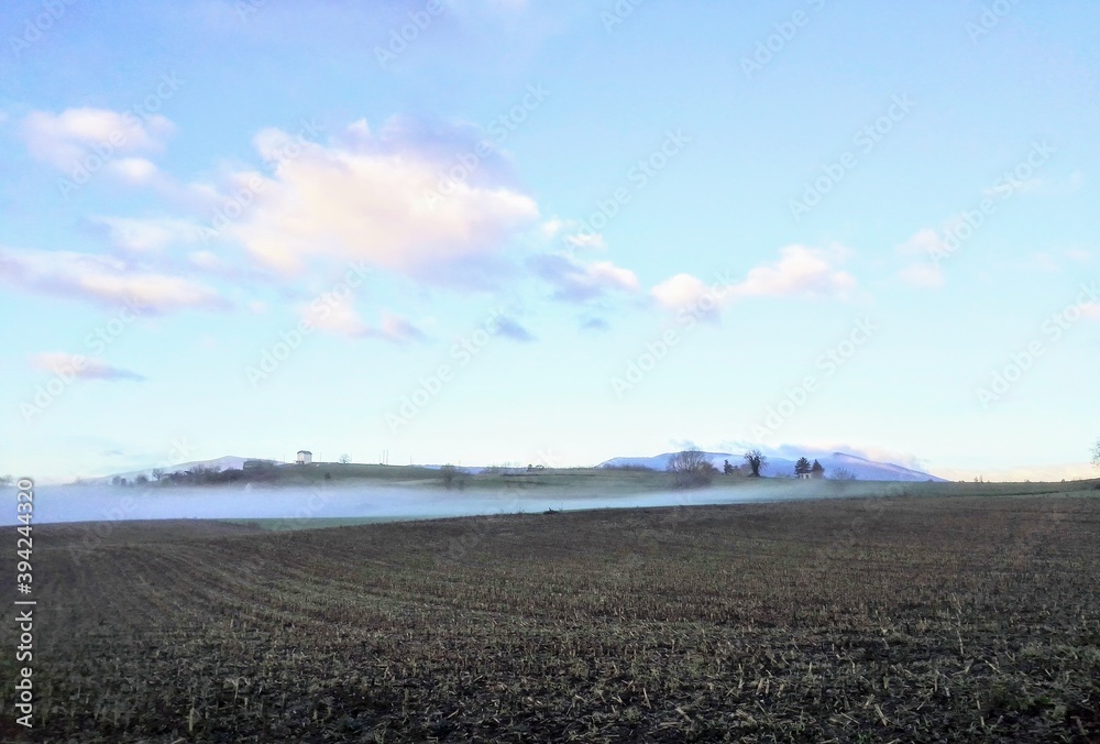Paysage de champ avec brouillard Paysage de champ avec brouillard