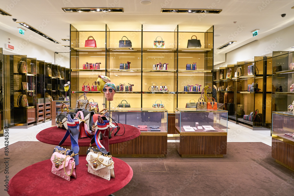 ROME, ITALY - CIRCA NOVEMBER, 2017: bags on display at a Gucci store in  Fiumicino International Airport. Stock Photo | Adobe Stock